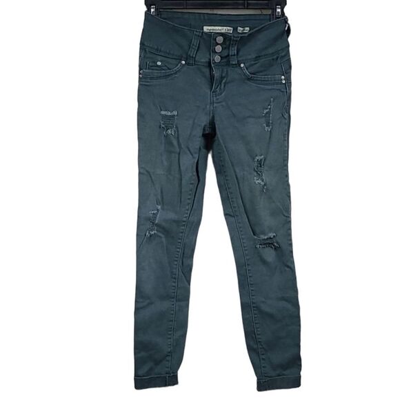 YMI Mid-Rise Distressed Wanna Bigger Butt Army Green Jeans Ripped Jegging - Picture 1 of 8